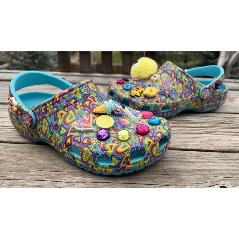 Nice! Crocs X Lisa Frank Youth J 6 Women's 8 Clogs Multicolor Hearts Jibbitz